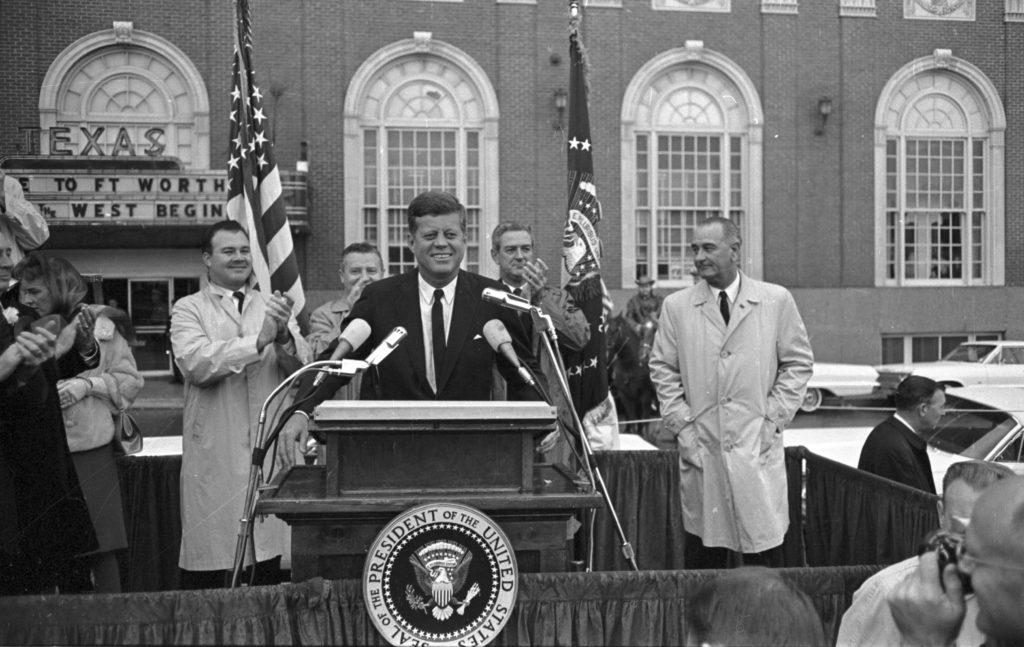 John F. Kennedy speaking to crowd in front of Hotel Texas, Fort Worth.