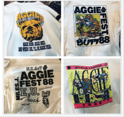 Elise Mitchell shows off her father’s collection of Aggie Fest shirts from
the 1980s via Twitter.
