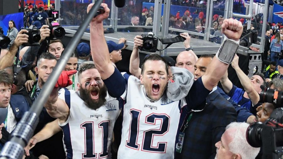 Tom+Brady+and+Super+Bowl+MVP+Julian+Edelman+celebrate+their+third+title+in+six+years.