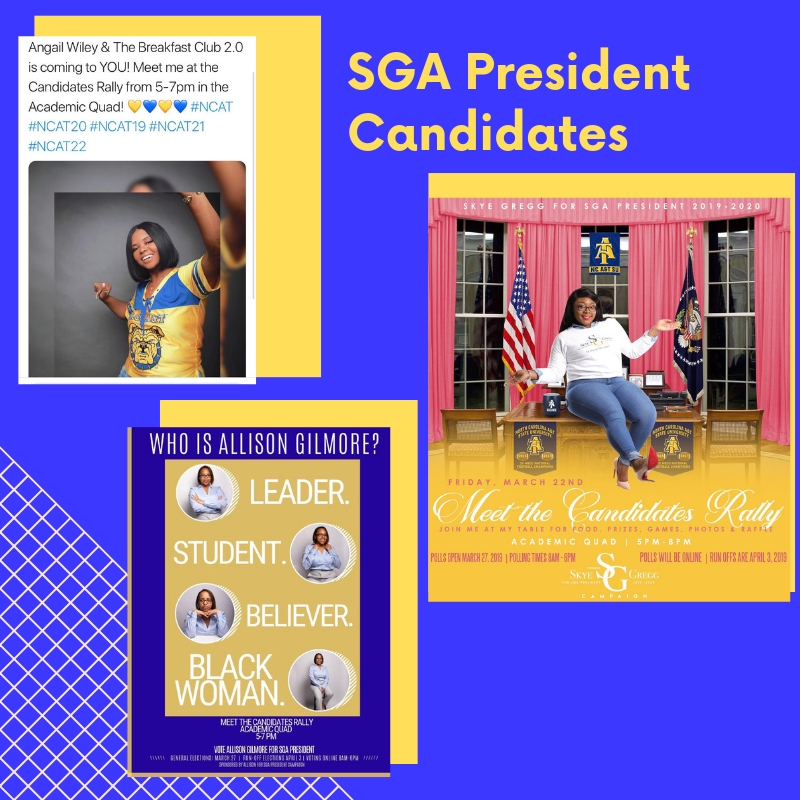 SGA President candidates  created Meet the Candidates Rally flyers. (Flyers from SGA Candidates twitter accounts.)