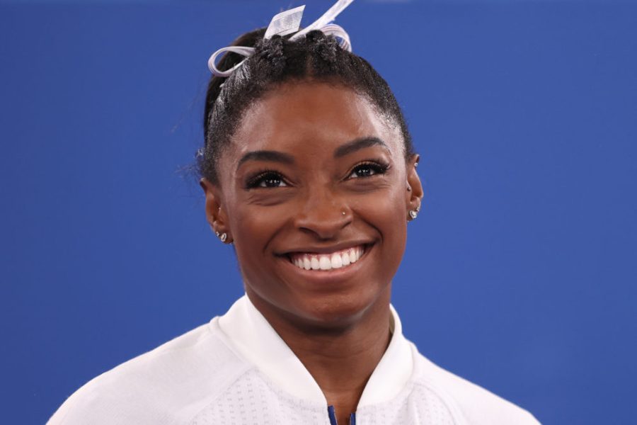 TOKYO, JAPAN - JULY 27: Simone Biles of Team United States smiles during the Womens Team Final on day four of the Tokyo 2020 Olympic Games at Ariake Gymnastics Centre on July 27, 2021 in Tokyo, Japan. (Photo by Laurence Griffiths/Getty Images)