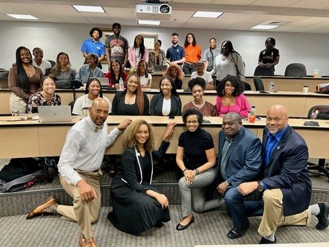 Arielle Chambers presents at N.C. A&T for a sports reporting masterclass.