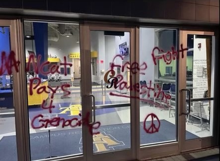 NCAT Pays 4 Genocide and Free Palenstine are seen spray painted on the front door of the Campus Recreation Center.