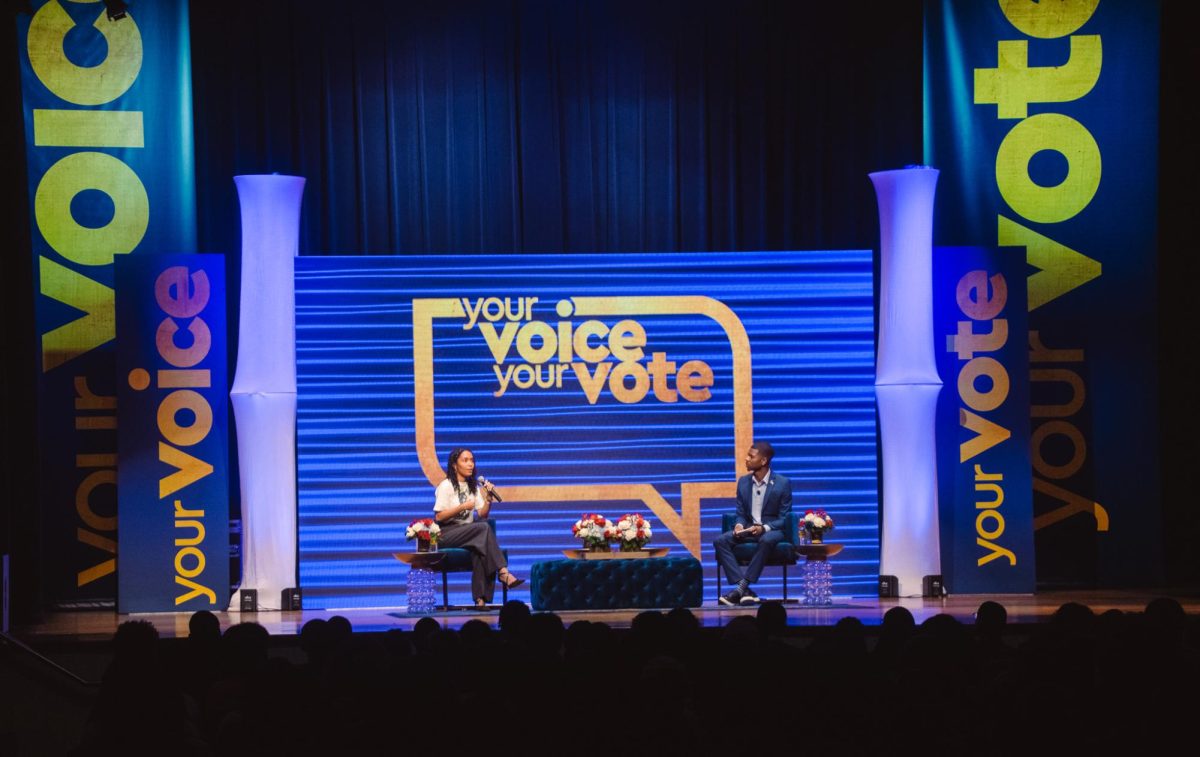 Yara Shahidi and Tylik McMillan on stage in Harrison Auditorium on Oct.24.