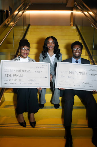 Exquisite Winks CEO Cree Hall (center) gifts scholarship winners K’nai Nelson (left) and Myles Manor (right) with 500 dollar checks.