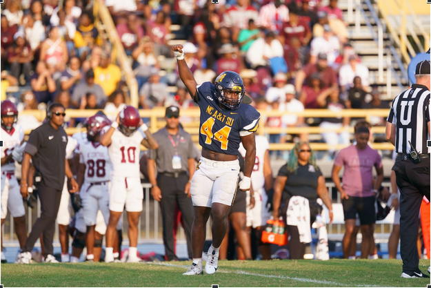 Inside Linebacker, Jayden Williams (#44) pictured during loss to NCCU.