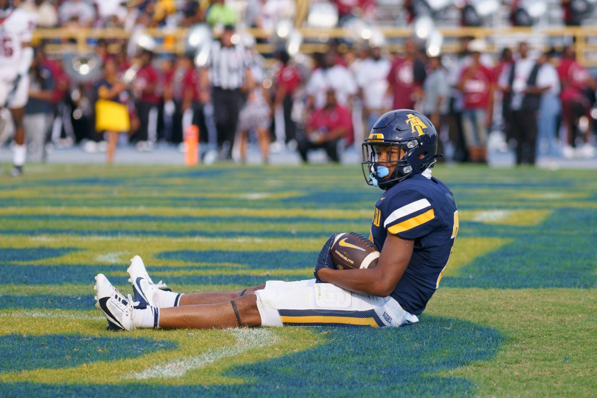 N.C. A&T athlete sitting down during Aggie's loss